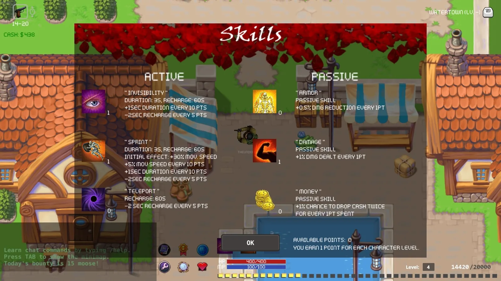 The skills screen